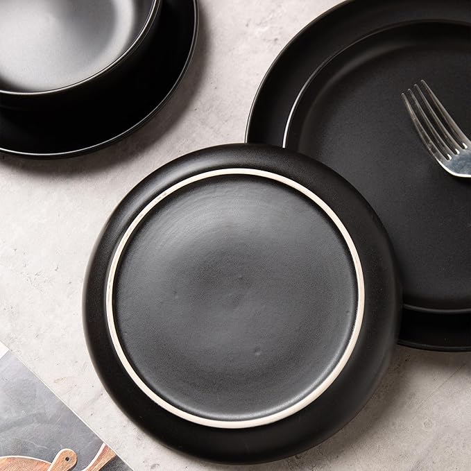 12-Piece Stoneware Dinnerware Set with Mugs | Microwave and Dishwasher Friendly | Stackable Matte Glaze Plates & Bowls | Service for 3 (Black for 4)