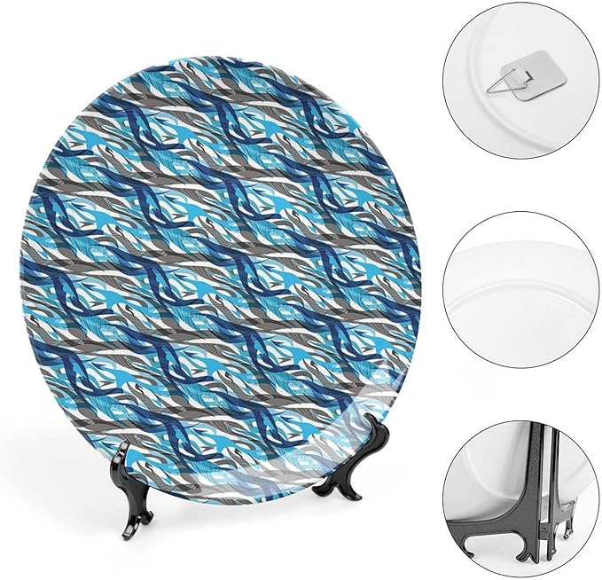 Ceramic Plates, Abstract Decorative Ceramic Plates, Modern Art Stripes Swirls Waves Trippy, 6 Inch, for Dining, Parties, Wedding, Grey Blue White