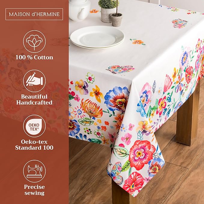 Maison d' Hermine Table Cloth Rectangle Table 100% Cotton 70 x 120 Inches Tablecloth Reusable Decorative for Dining Room Farmhouse Valentines Day Decorations Spring Summer- Happy Florals - High Summer
