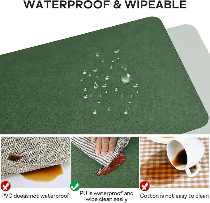 AAPLKER Faux Leather Placemats Set of 6, Vinyl Placemats Wipeable Waterproof Oil-Proof Table Mats, Heat Resistant Place Mats for Kitchen Indoor Outdoor, 16.9 x 11.8 inches (Green/Grey)