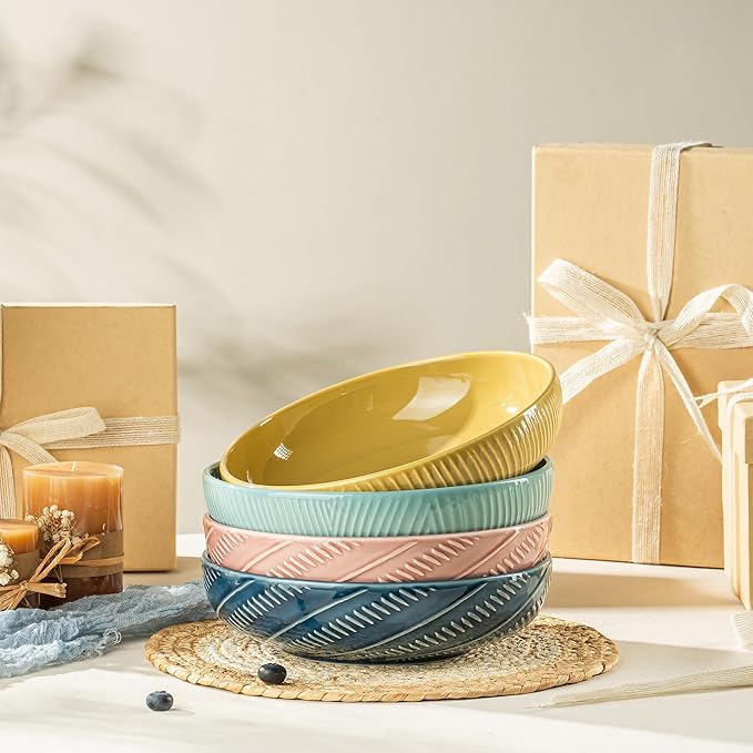8.5Inch Pasta Bowls, 36OZ Serving Bowls, Salad Bowls Set of 4 Ceramic Sturdy & Stackable, Ideal for Housewarming, Festivals, Multicolor (36 OZ)