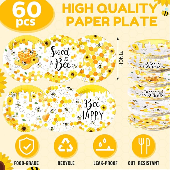 60 Pcs 7 Inch Honey Bee Paper Plates Bee Happy Shower Tableware Gender Reveal Party Dinnerware Honey Theme Day Birthday Party Tableware Decorations Favors
