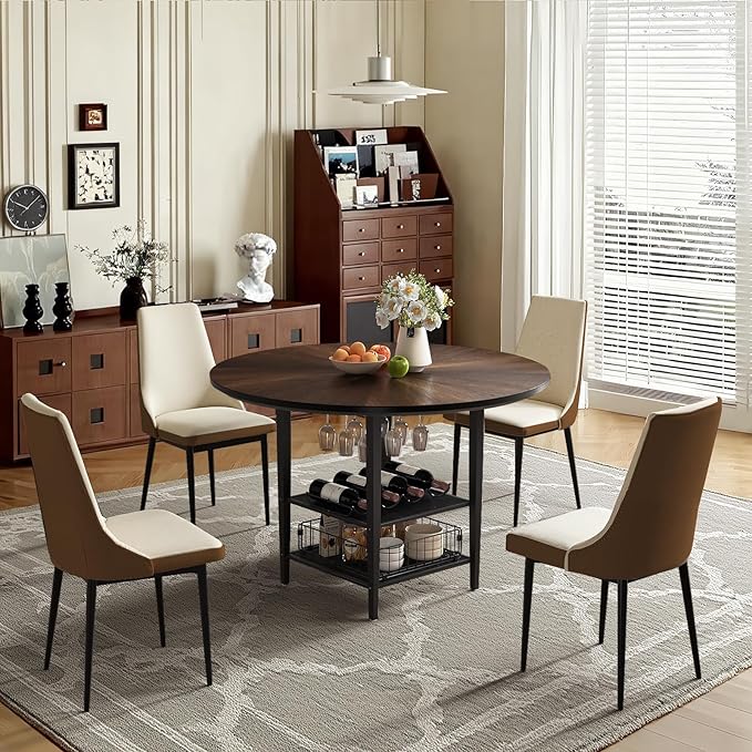VFK 47" Round Kitchen Table Set with Storage Base & Metal Legs, 5-Piece Wooden Dining Set for 4 to 6 People, Includes 4 Upholstered Chairs for Dining Room, Living Room or Kitchen