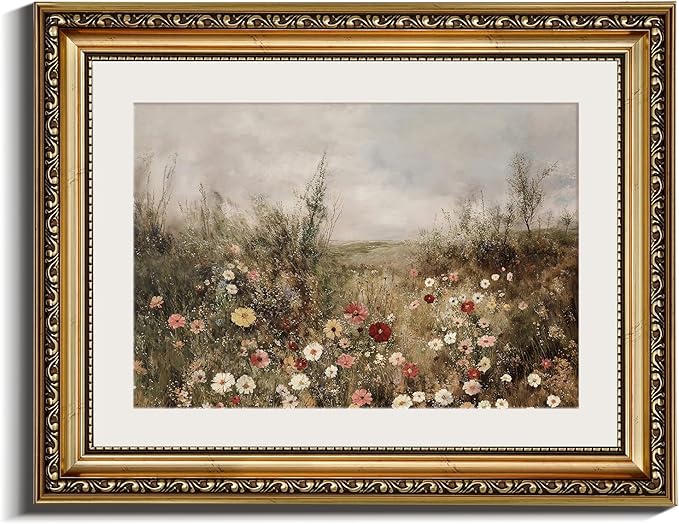 InSimSea Retro Gold Framed Wall Art, Vintage Classical Wildflower Field Meadow Flowers Canvas Print Home Wall Decor, Landscape Farmhouse Decor, Antique Picture Frame Retro Paintings, 11x14 Inch