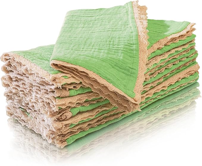 Fingercraft Dinner Cloth Napkin Cotton Muslin Double Gauze 4 Pack with Classic Lace for Everyday Use, Wedding, Party, Christmas, Easter Napkins Cloth are Pre Shrunk and Good Absorbency Lettuce Green