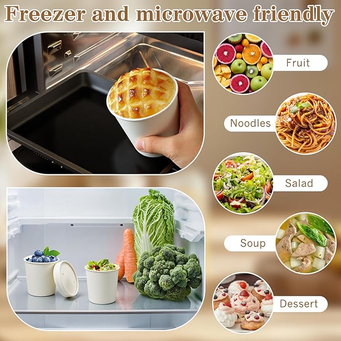 100Pack 12oz Soup Containers with Vented Lids, Disposable Food Containers Paper Ice Cream Cups Kraft Dessert Soup Bowls, Microwavable and Freezer Safe for Hot Soup, Ice Cream (100 Pcs - White, 12 oz)