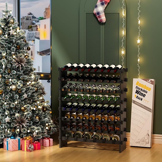 Wine Rack Freestanding Floor, Bamboo 8-Tier 69 Wine Bottle Holder Racks Countertop Cabinet Display, Wooden Stackable Modular Wine Storage Organizer Shelves for Kitchen Bar Cellar Dining Room Black