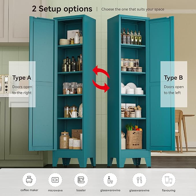 Narrow Metal Cabinet with 4 Adjustable Shelves and Barn Doors,Tall Bathroom Storage Cabinet, Metal Pantry Organizer for Kitchen,Home Office, Dining Room,Blue