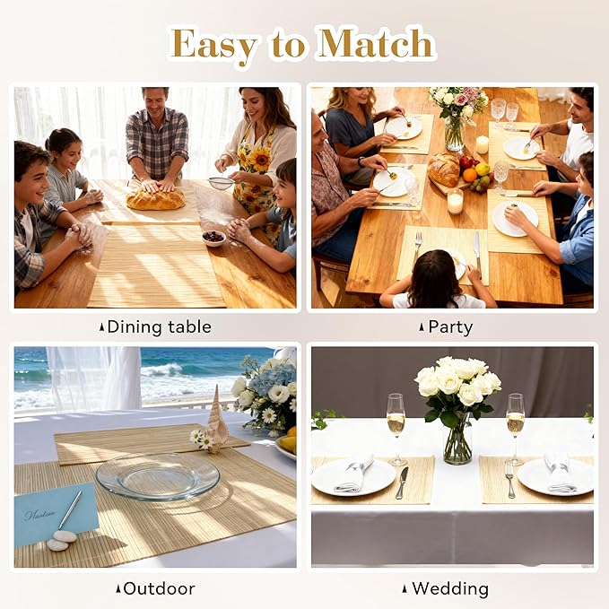 6-Pack Bamboo Placemats,Woven Heat-Resistant Rectangular Table Mats, Natural Dining Place Mats, Rustic Japanese Style Wood Mats for Indoor Dining, Kitchen and Party Use, Beige