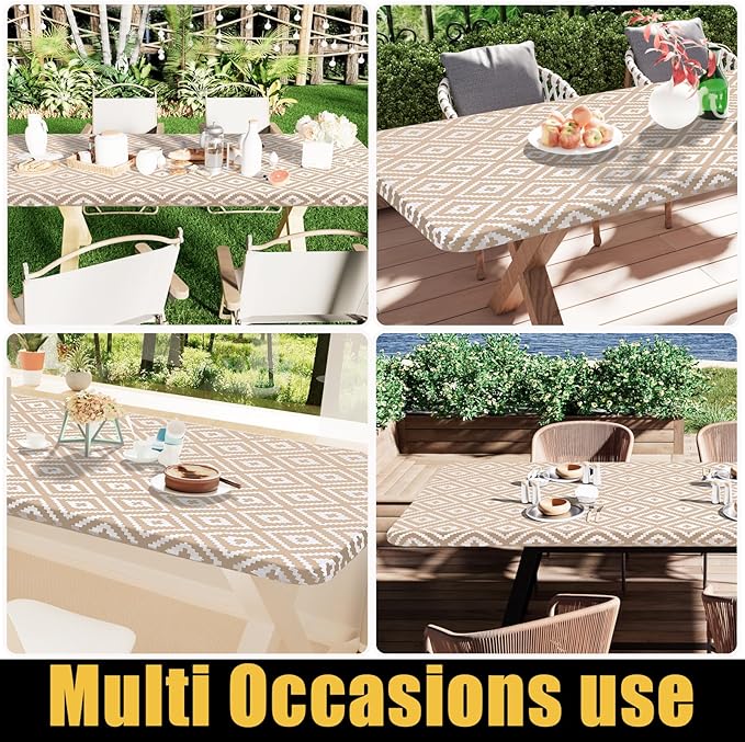 Smiry Rectangle Table Cloth Cover, Waterproof Elastic Fitted Picnic Tablecloth for 5 Foot Tables, Wipeable Flannel Backed Vinyl Tablecloths for Camping, Dining, Outdoor (Khaki, 30" x 60")