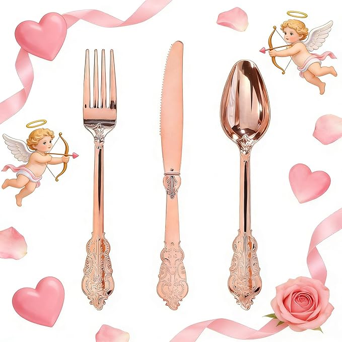 WDF-300 Pieces Rose Gold Plastic Silverware- Disposable Flatware -Heavyweight Plastic Cutlery- Includes 100 Forks, 100 Spoons, 100 Knives for Wedding& Parties