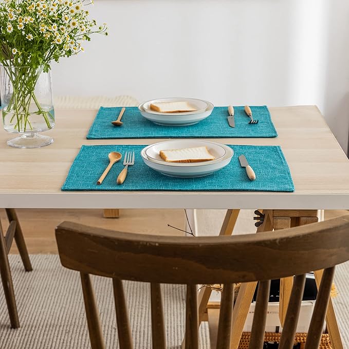 Kevin Textile Burlap Linen Placemats Set of 6 Heat Resistant Dining Table Place Mats Washable Kitchen Table Mats for Dinning Party Holiday Indoor Outdoor, 13 x19 inches,Peacock Blue