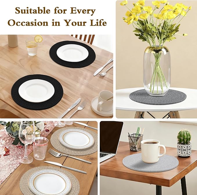 Round Placemats Set of 6 with Holder, Cotton Rope Woven Place Mats, Hot Pads for Kitchen, Heat Resistant Table Mats, 13 Inch Farmhouse Washable Braided Placemat for Kitchen Decor (Gray)