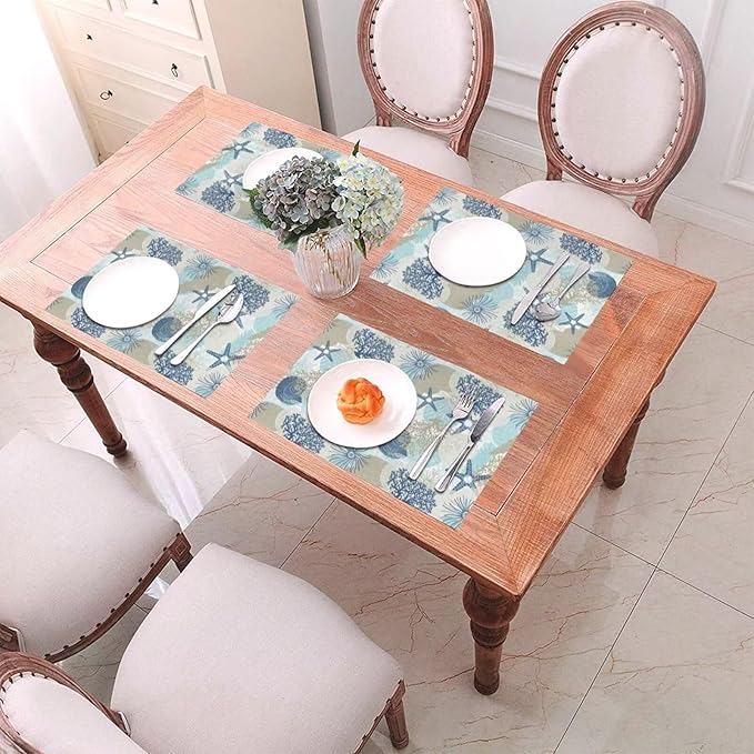 Placemats Set of 4 Aqua Blue Nautical Place Mats Coastal Beach Theme Coral Starfish Woven Table Mats Washable Blue Coral PVC Placemat for Dining Kitchen Decor Indoor Outdoor, 12 x 18 Inch