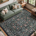 Dark Green Floral 8x10 Area Rugs for Living Room Large Washable Rug Vintage Forest Low Pile Non Slip Stain Resistance Soft Carpet for Dining Room, Bedroom, Kids Room, Nursery Room, Playroom