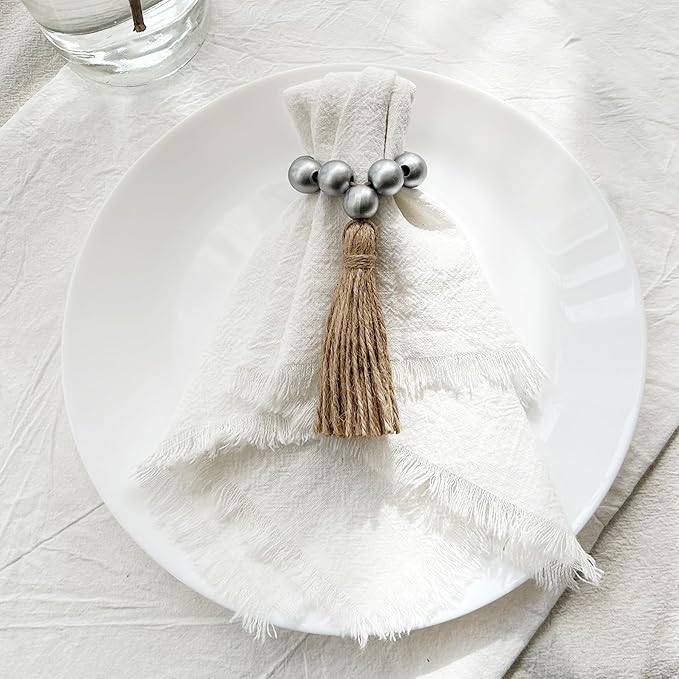 Napkin Rings Set of 12,Wooden Napkin Rings,Wood Bead Elastic Farmhouse Napkin Ring with Tassel,Boho Napkin Holder for Table Decor,Weeding,Dinner,Party(Silver)