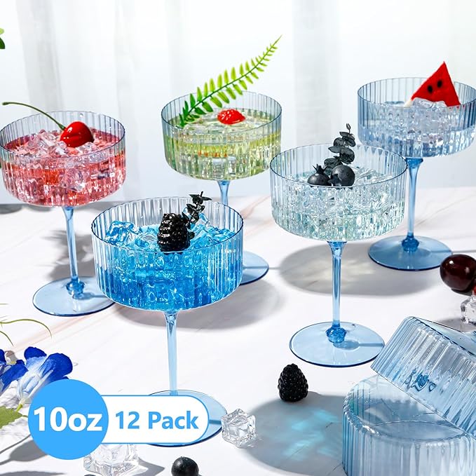 12 Pcs Ribbed Martini Glasses 10 oz Disposable Plastic Vintage Ribbed Coupe Glasses Unbreakable Dessert Parfait Glassware for Wedding Birthday Party Supplies (Blue)