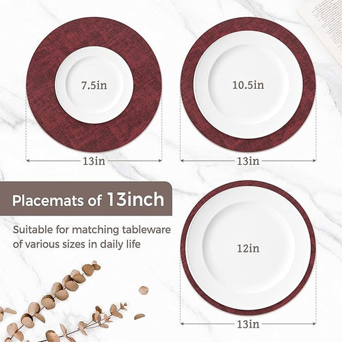 13"Round Placemats Set of 4, Reversible Faux Leather Heat Resistant Table Mats, 100% Waterproof Oilproof Wipeable Table Protective Placemats for Vinyl, Washable for Indoor & Outdoor Use (4, burgundy)