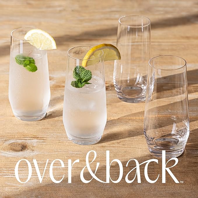 over&back 12oz Traditional Glassware - Set of 4 Classic Stemless Drinking Glasses for Parties, Get-togethers, and More - Mouth-Blown - Wine Cups for Kitchen and Dining Room - Clear