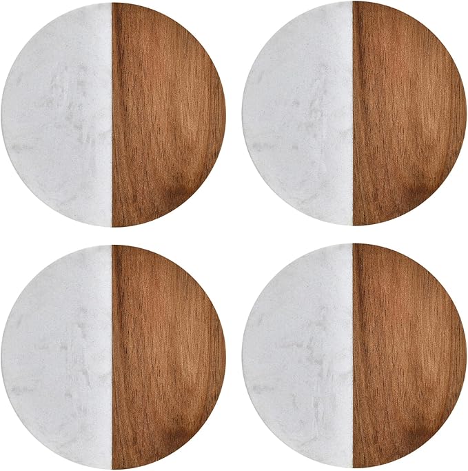 I-LAN Set of 4 Round Natural Wood and Marble Style Drink Coasters for Coffee Wooden Table, Drink Bar Coaster Set/Tea Table Coasters for Living Room,Beer Cans,Bar Glasses,4 x 4 Inch