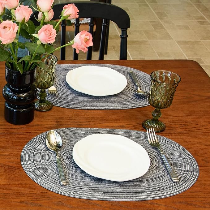 Noctiflorous Oval Braided Placemats Set of 4 Woven 12x18 Inch Non Slip Washable Heat Resistant Place Mats Tablemats for Dining Kitchen Party Daily Table Decor Dinner Mats (Gray Black, 4)