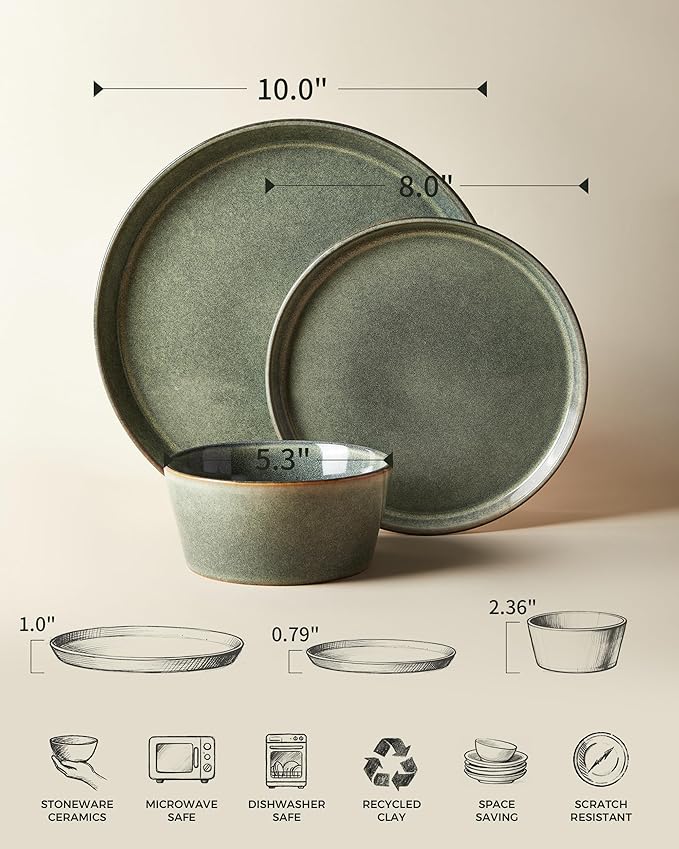 Dinnerware Sets, Microwave Safe Plates and Bowls Sets, Dishes Set for 8, Chip & Scratch Resistant Dinner Set, Handcrafted Farmhouse Dishware Sets, Green Wheat