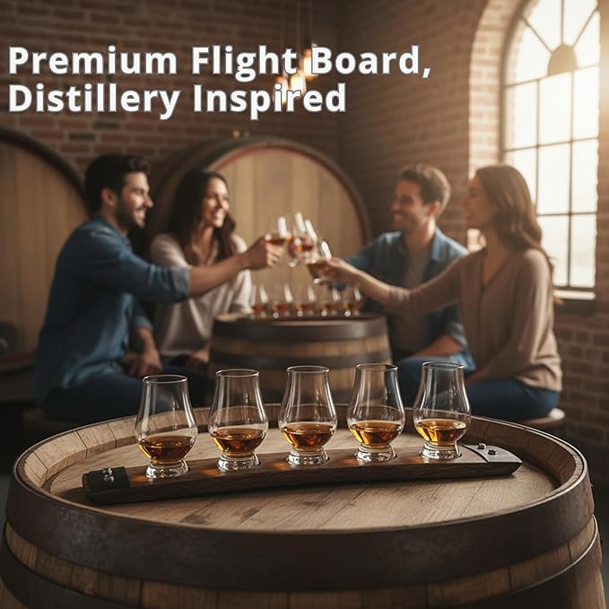 Barrel Stave Premium 5 Glass Whiskey Flight Serving Tray with Glencairn Glasses, Dark Walnut