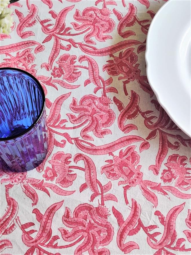 ATOSII Red Bloom 100% Cotton Rectangle Tablecloth, Block Print Floral Linen Table Cloth for Dining Parties Outdoors Weddings Holidays I 72 X 120 Inches, 10 Seater, Summer Farmhouse Grandmillennial