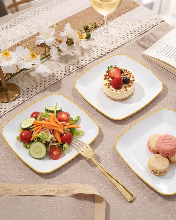 bUCLA 100PCS White Plates with Gold Trim - Heavy Duty White Gold Square Disposable - Include 50 Each (10 inch Dinner & 7.25 inch Dessert) Plates for Party & Wedding