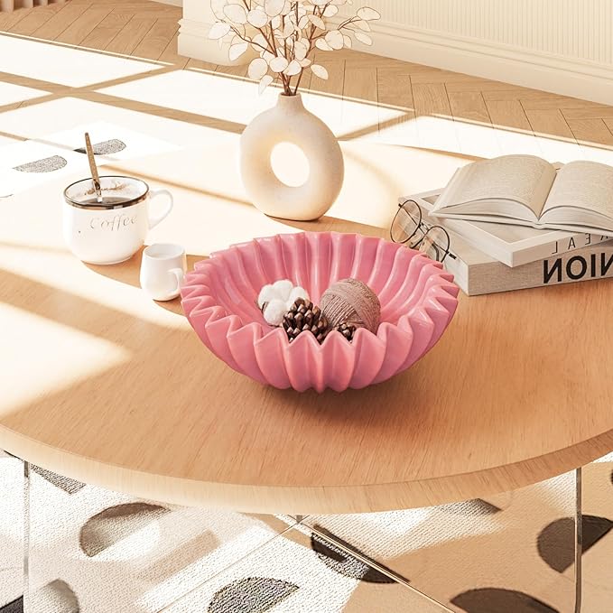 Large Ceramic Fruit Bowl Pink Decorative Bowl for Coffee Table Entryway Kitchen Modern Home Decor Centerpiece 9.5 Inches Ruffle Fluted Scalloped Bowl