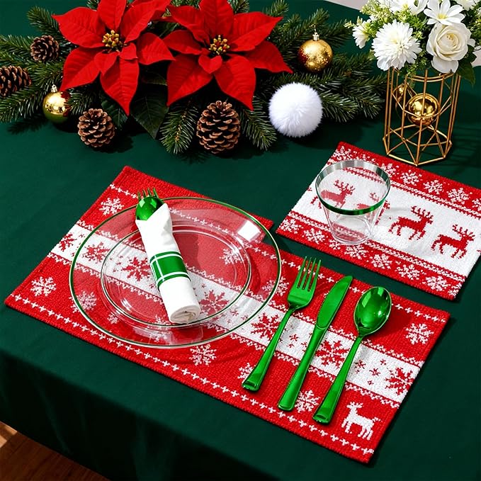 SUT 175 Pcs Green and Clear Plastic Dinnerware Set for 25 Guests, Include: 25 Dinner Plates, 25 Dessert Plates, 25 Pre Rolled Napkins With Silverware, 25 Cups, Disposable Plates for Party