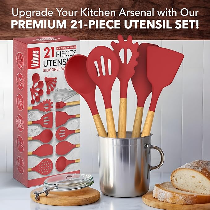 Kitchen Utensils Set, 21 Wood and Silicone Cooking Utensil Set, Non-Stick and Heat Resistant Kitchen Utensil Set, Kitchen Tools