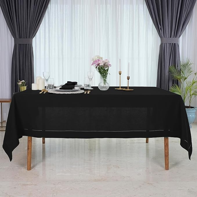 D'Moksha Homes Black Linen Tablecloth for Rectangle Tables 60 x 102 Inch - Classic Hemstitch 100% Pure Linen Black Table Cloth - Machine Washable Dining Tablecloth for Spring, Easter