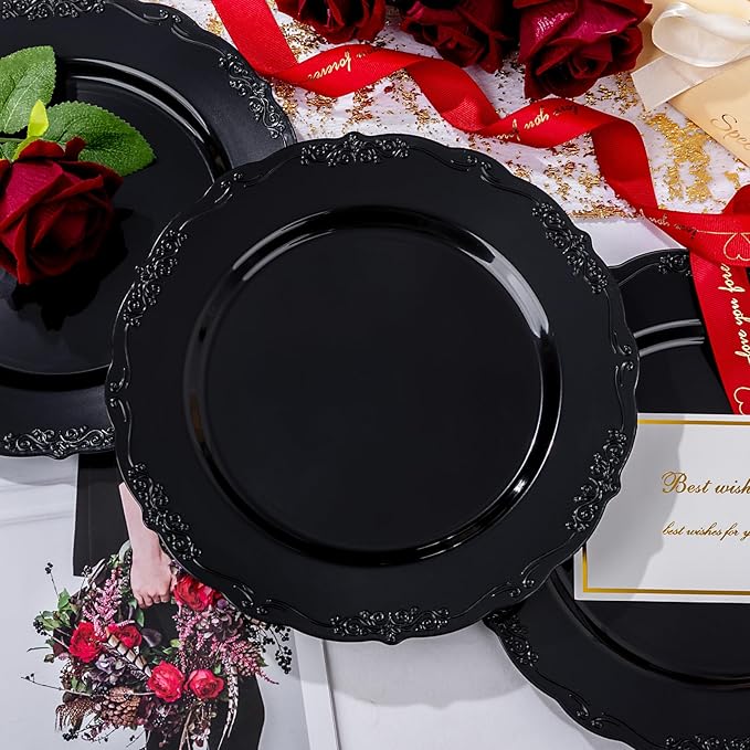 DaYammi 36PCS Black Plastic Plates, Heavy Duty Black Disposable Plates Premium 10inch Dinner Plates Hard Plastic Plates Disposable for Party and Wedding