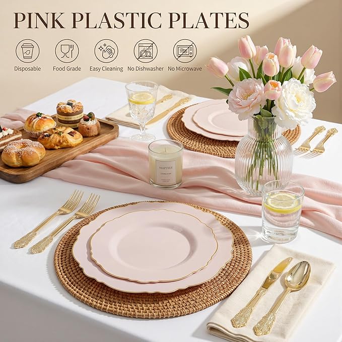 WDF 100pcs Pink Plastic Plates - High-end Baroque Design - Pink and Gold Plates for Upscale Party & Valentine's Day - Including 50 Disposable Plate 10.25inch, 50Salad Plate 7.5inch