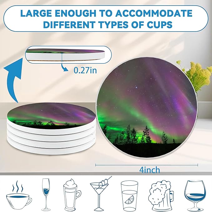 Drinks Coasters Set of 4, Aurora Round 4" Cup Coasters, Absorbent Ceramic Stone Coasters with Cork Base, Cute Coasters for Table Home Décor, Ideal Gifts for Women Men