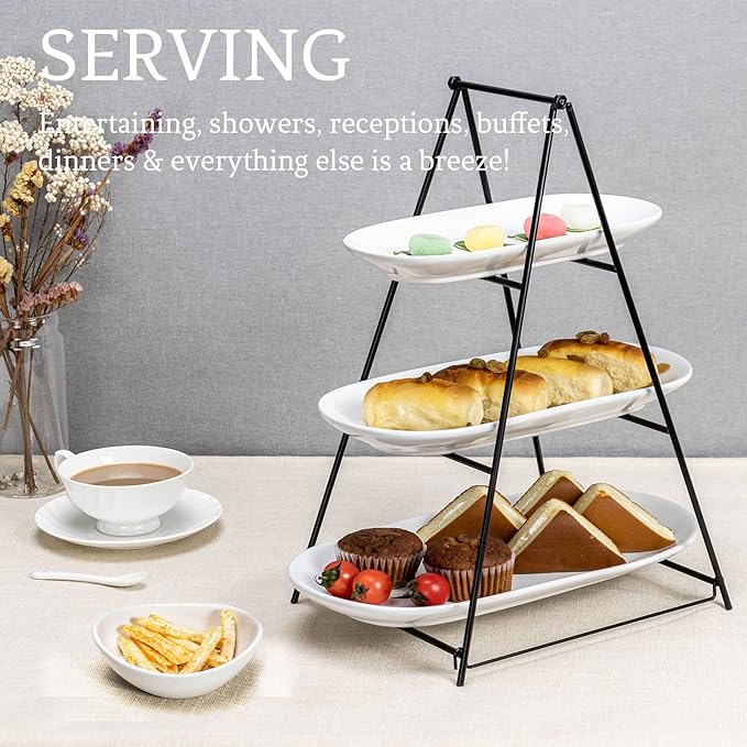 UNICASA 3 Tier Serving Tray for Parties – White Oval Porcelain Serving Platters and Trays with Collapsible Metal Stand – Tiered Dessert Stand for Cake, Snacks, Appetizers, Fruits, Chips & Dips