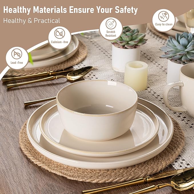 GBHOME Ceramic Dinnerware Sets for 6, 18 Pieces Stoneware Plates and Bowls Sets, Scratch Resistant Dishes, Dishwasher & Microwave Safe, Reactive Glaze-Vanilla color