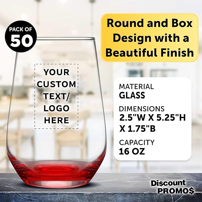 DISCOUNT PROMOS 50 Vaso Silicia Stemless Wine Glasses Set, 16 oz. - Personalized Text, Logo - Clear, Orb-Like, Thick base - Red