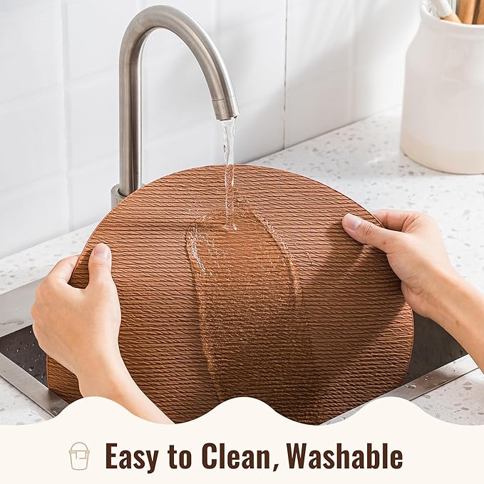 Jovono 15" Faux Leather Big Round Placemats Set of 8 - Washable Heat Resistant Non-Slip Dining Table Mats with Fabric Texture for Kitchen Home Party Decor, Brown