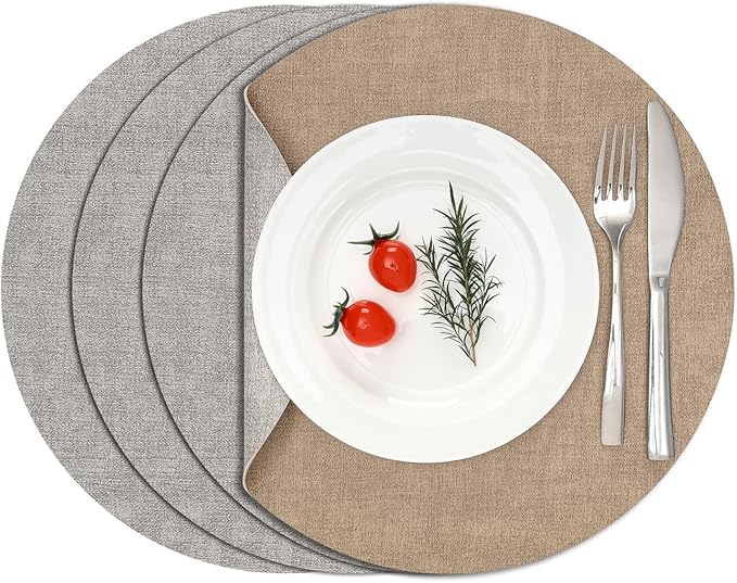 Myir JUN Reversible Vinyl Round Placemats Set of 4, Faux Leather Place Mats Dual Sided Waterproof Oilproof Wipeable, Heat-Resistant Table Mats for Kitchen Dining Indoor Outdoor (14", Light Gray Beige)