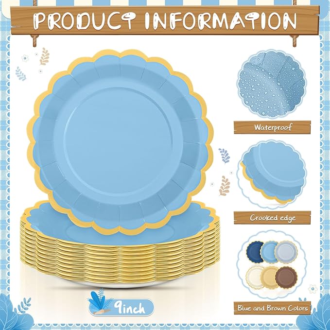 96 Pcs Blue Brown Paper Plates 9 Inch Gradient Scalloped Paper Plates Disposable Dinner Dessert for Birthday Wedding Bridal Party Supplies, 6 Colors