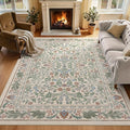 Beige Floral 5x7 Area Rugs for Living Room Large Washable Rug Vintage Forest Low Pile Non Slip Stain Resistance Soft Carpet for Dining Room, Bedroom, Office Rug, Kids Room, Nursery Room, Playroom