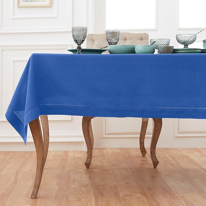 Solino Home Royal Blue Linen Tablecloth 60 x 132 Inch - 100% Pure Linen Hemstitch Table Cloth for Rectangle Tables - Classic Hemstitch, Machine Washable Tablecloth for Spring