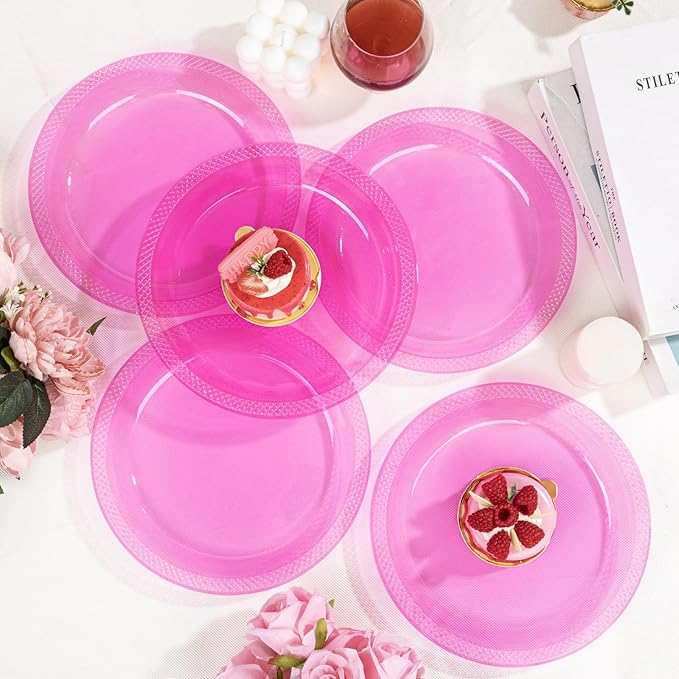 WELLIFE Neon Pink Party Plates 7 Inch -150 Count, Translucent Pink Plastic Disposable Dessert Plates for Fluorescent Neon Theme Party Salad Appetizers Valentine's Day Easter Baby Shower Mother's Day