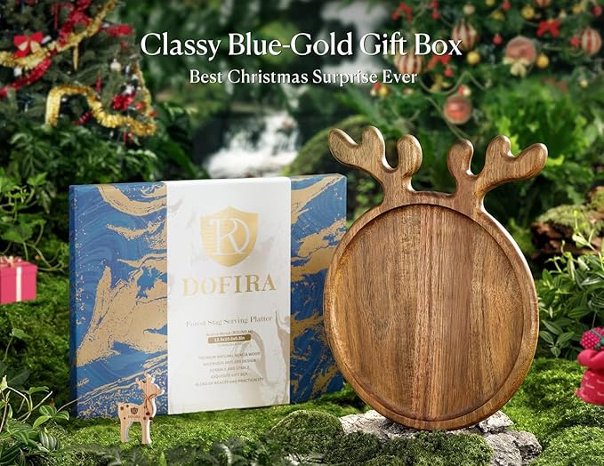 Acacia Wood Serving Platter, Christmas Decorative Reindeer Antler, 12"x10"Round Wooden Food Dish Display Plate, Charcuterie Board Tray for Cheese Fruit, Kitchen Gift for Housewarming (Gift Box)