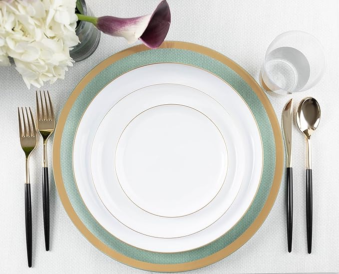 [30 Pack 6.3''] White Plastic Party Plates With Gold Rim Edge Collection Premium heavyweight Elegant Disposable Tableware Dishes
