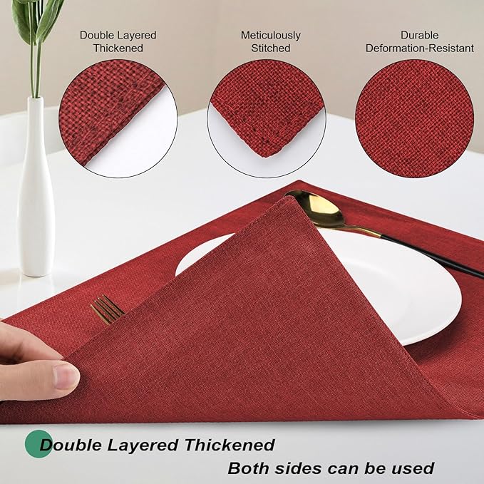 Cloth Placemats Set of 4, Cotton Linen Blend Machine Washable Double Layered Durable Place Mats Heat Resistant Placemats Wrinkle Free Thick Fabric Dining Table Mats (Red, 4)