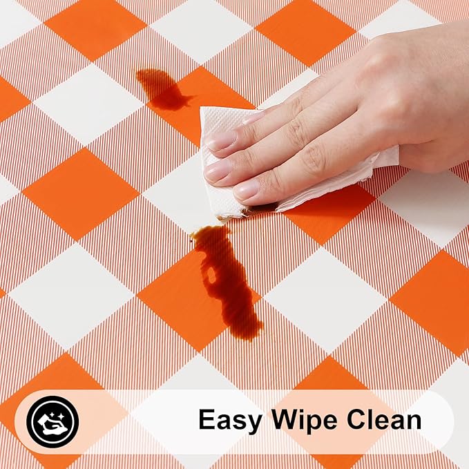 Smiry Rectangle Picnic Table Cloth, Elastic Waterproof Fitted Vinyl Tablecloths, Flannel Backed Buffalo Plaid Table Covers for Dining, Camping, Outdoor, Thanksgiving (White and Orange, 30" x 96")