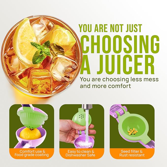 Zulay Kitchen Metal 2-in-1 Lemon Squeezer - Sturdy Max Extraction Hand Juicer Lemon Squeezer Gets Every Last Drop - Easy to Clean Manual Citrus Juicer - Easy-Use Lemon Juicer Squeezer - Purple/Lime